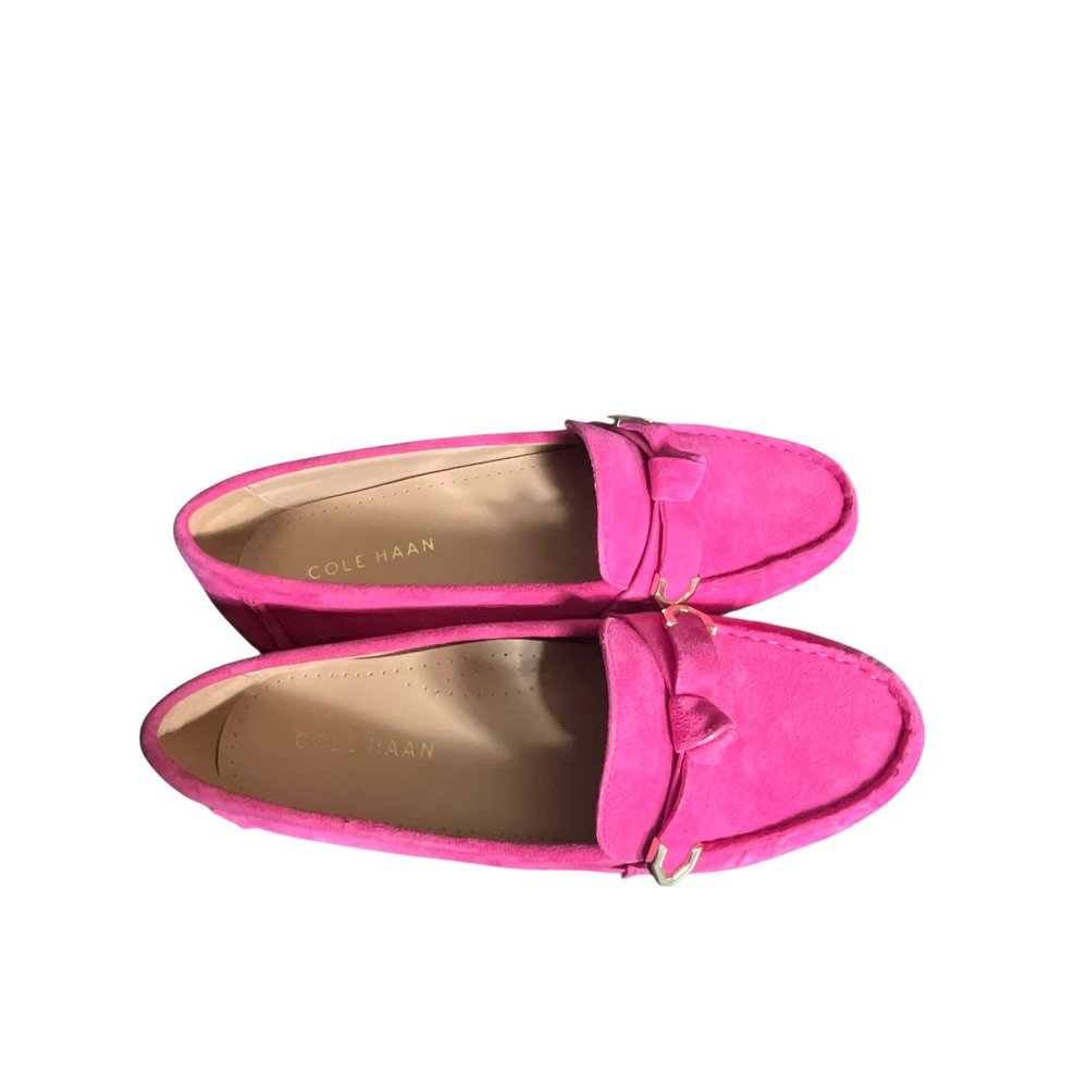 Cole Haan Evelyn Loafers Women 7.5 Pink Suede Driver Knotted Strap Gold Accent - Picture 3 of 11